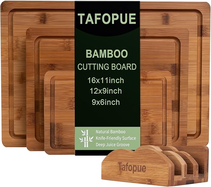 Tafopue Cutting Board Set with Holder, Space Saving Kitchen Bamboo Chopping Boards, Build in Juice Groove and Grip Handle, Durable Wooden Serving Board for Meal Prep & Charcuterie, Gift Idea