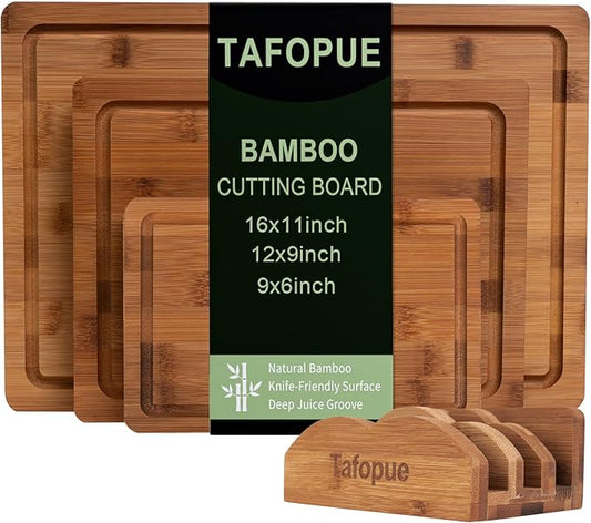 Tafopue Cutting Board Set with Holder, Space Saving Kitchen Bamboo Chopping Boards, Build in Juice Groove and Grip Handle, Durable Wooden Serving Board for Meal Prep & Charcuterie, Gift Idea