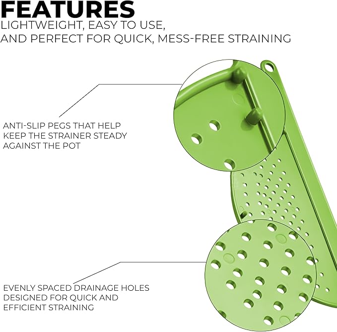 Handheld 13" Pot Strainer – Food Strainer for Pasta, Vegetables & More – BPA-Free Plastic with Anti-Slip Pegs – Fits Most Pots and Pans (2)