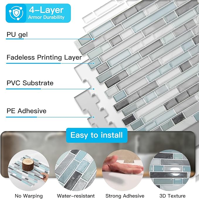 Art3d 10-Sheet Heavy-Duty Peel and Stick Backsplash, Waterproof Wall Tiles Stick on Kitchen Backsplash Living Space, Gray & Blue