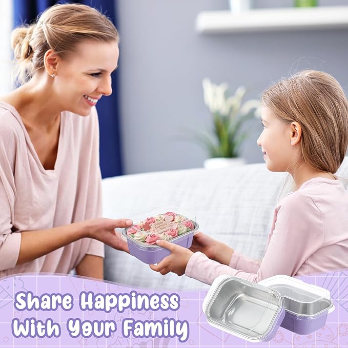 Vesici 100 Sets Mini Loaf Pans with Lids, 5.7 oz Disposable Aluminum Foil Baking Cups, Rectangle Cake Pans for Pudding Desserts Muffin Baking Storage Valentines Wedding Birthday Party(Purple)