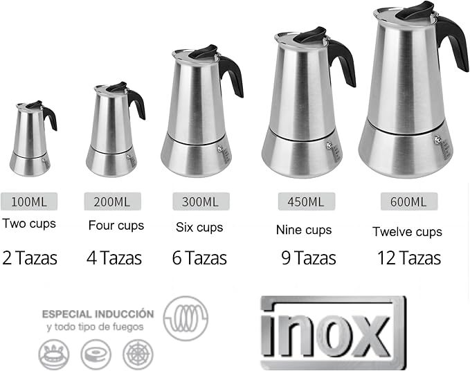 Solazzia 6 Cup Stovetop Espresso Maker Matte Stainless Steel Moka Pot Italian and Cuban Mocha Coffee Maker, Compatible with Gas, Electric, Ceramic, and Induction stovetops(10 fl oz/300 ml)