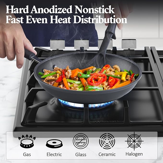Cook N Home Nonstick Saute Fry Pan 8-inch Professional Hard Anodized Frying Pan, Dishwasher Safe with Stay-Cool Handles, Black