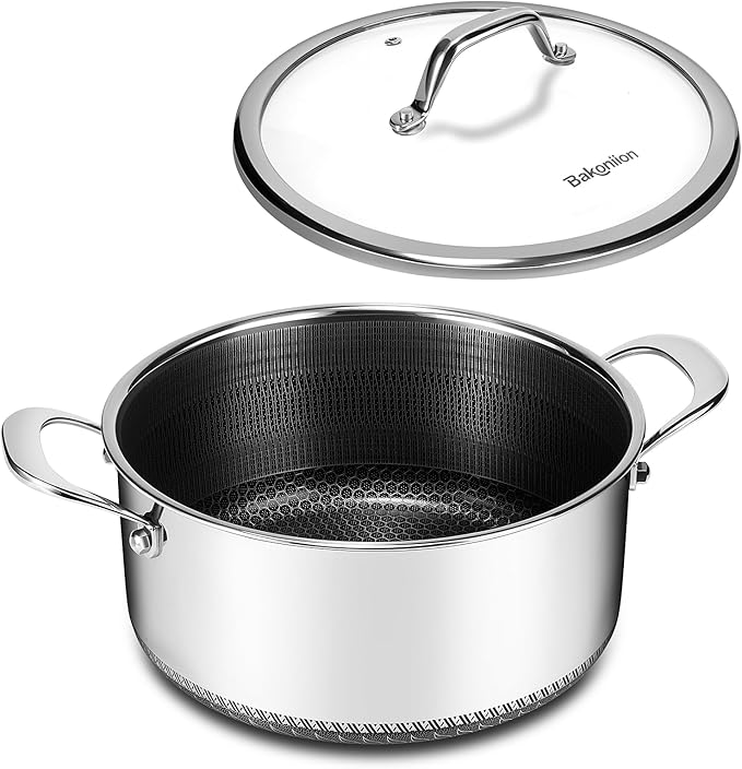 Bakoniion Hybrid Nonstick 5 QT Stockpot with Lid Two Handles, Stainless Steel Stockpot with Honeycomb Texture,Compatible with All Cooktops,Dishwasher and Oven Safe