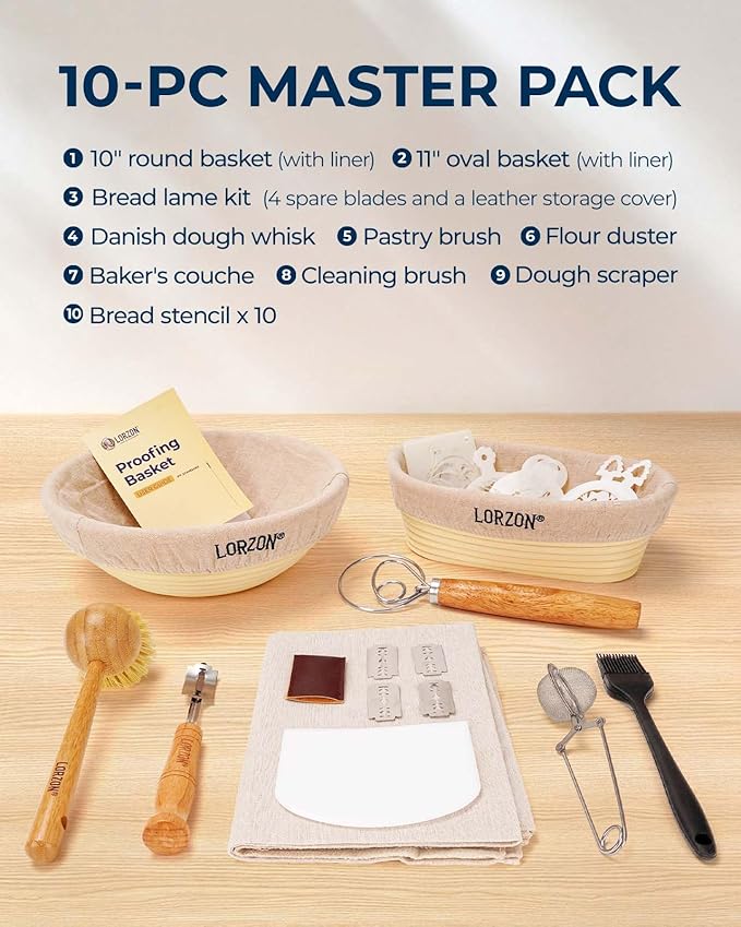 Banneton Bread Proofing Baskets Set of 2, 10" Round & 11" Oval Sourdough Proofing Baskets with Sourdough Bread Baking Supplies, Complete Bread Making Kit (Plastic)