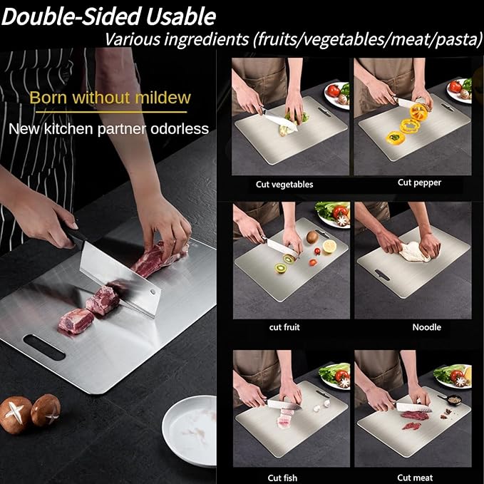 Titanium Cutting Board for Kitchen Set of 2/3 - Double Sided Food Grade Chopping Board for Meat, Hangable Design, Easy to Clean for Meat Fruit & Vegetable Various Cooking (S+M(2PCS))