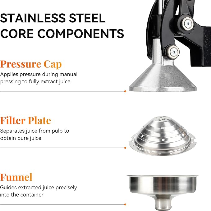 Cast Iron Juicer, Heavy-Duty Manual Juicer Hand Press, Citrus Juicer for Lemons, Oranges, Pomegranates, Grapefruits, and Other Fruits, Easy-To-Use and Clean Stainless Steel Lemon Squeezer (Black)