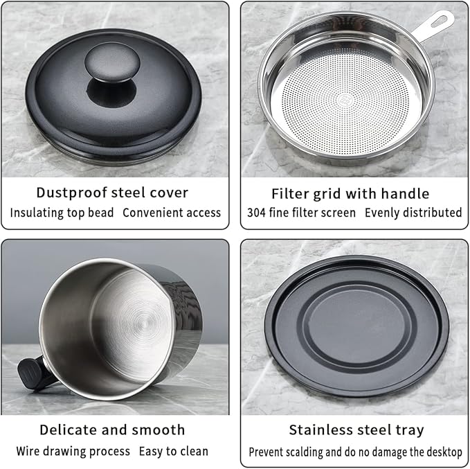 Berglander Black Bacon Grease Container With Strainer 47oz/1.4L, Stainless Steel Oil Storage Container with Fine Mesh Strainer Dust-proof for Storing Frying Oil and Cooking Fat, Cooker Accessories