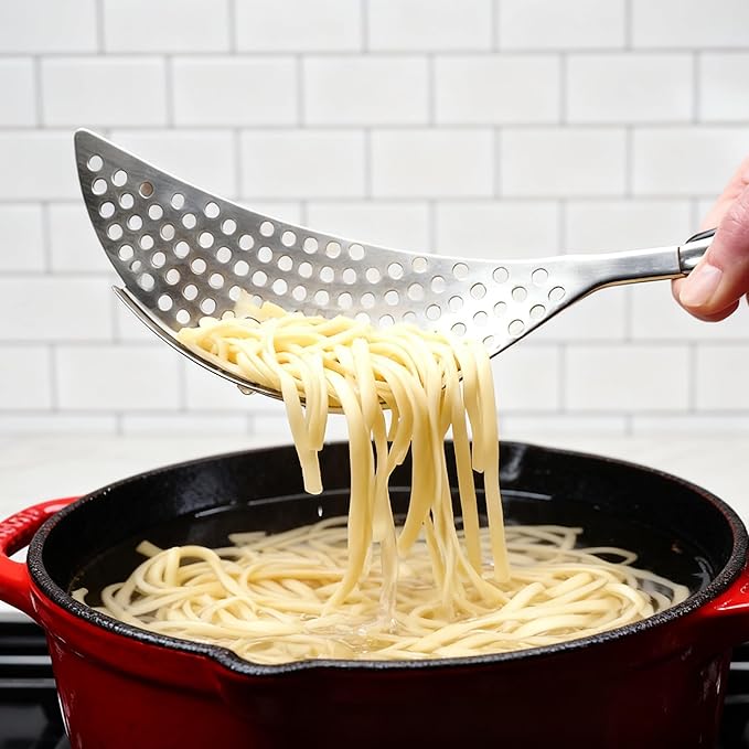 Crescent Pot Strainer Stainless Steel Handheld, Versatile Kitchen Tool for Draining Spaghetti, Noodles, Vegetables, and Fruits