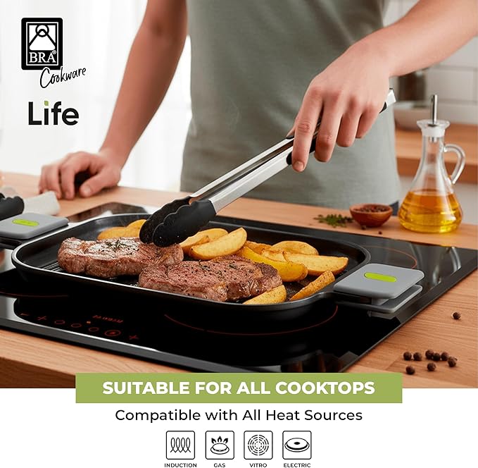 BRA COOKWARE Life Ceramic Nonstick Grill | 12.6 x 9.4 Inch Recycled Cast Aluminum Smooth Plate | Ceramic Non-Stick | Ceramic Non-Stick Coating | PFOA Free | All Cooktops| Removable Handles