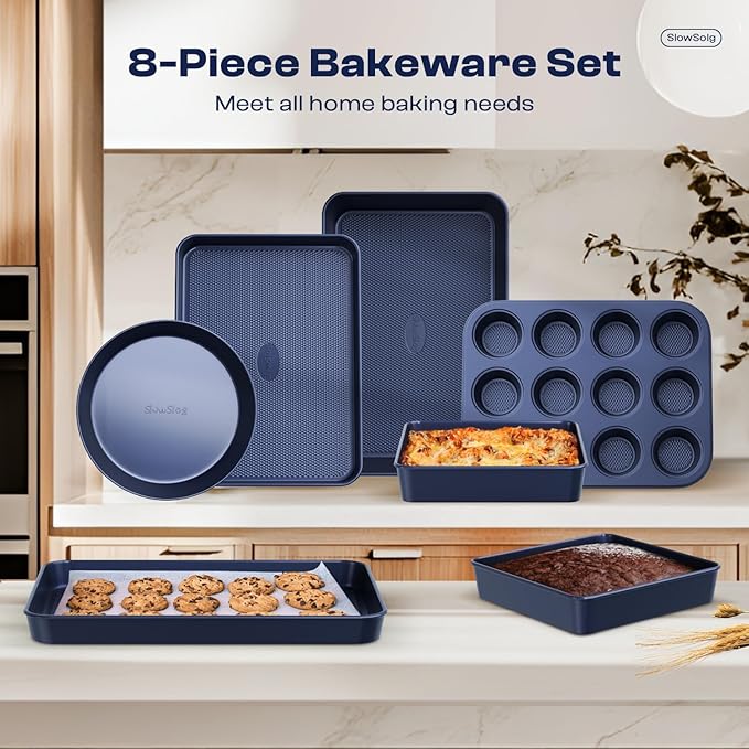 Slow Slog Baking Pans Set 8-Piece Bakeware Sets, Baking Sets for Cooking Nonstick Oven Pan Set, Baking Sheet Set, Cookie Sheets for Baking, Muffin Pan, Ceramic Coated Blue