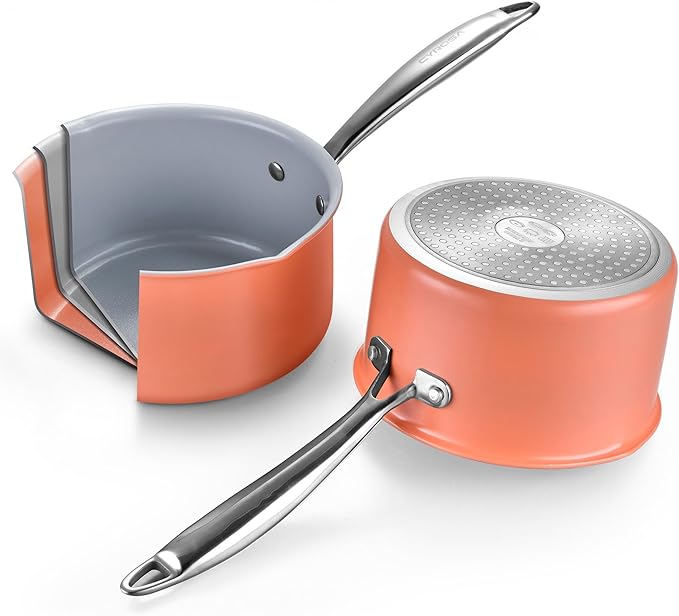 Fracoda Nonstick Ceramic Saucepan 2.5 Qt,Sauce Pot with Strainer Lid,Two Side Spouts for Easy Pour with Ergonomic Handle,Non Toxic,PTFE &PFOA Free - Oven Safe Compatible with All Stovetops,Perracotta