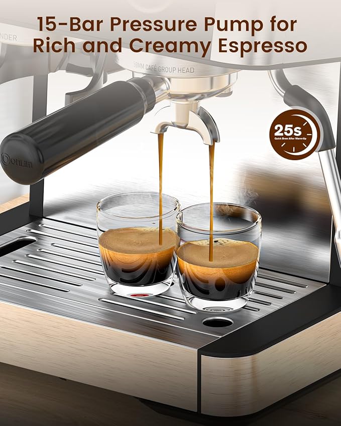 (2025 Upgrade)15 Bar Espresso Machine with Built-in Anti-Clog Coffee Grinder, Expresso Coffee Machines with Milk Steam Wand/Frother/Tamping Tools,Espresso Maker with Grinder for Lattes-Deep Black