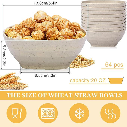 Gejoy 64 Pcs Unbreakable Cereal Reusable Wheat Straw Lightweight Bowls Microwave and Dishwasher Safe Soup Fiber Bowls for Kitchen Serving Salad Rice Snacks(Beige)