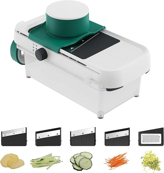 linoroso Adjustable Mandoline Food Slicer 5 in 1, Mandoline Slicer for Kitchen with Container, Vegetable Chopper Shredder Wave Cutter for Potato, Carrot, Zucchini, Grindder for Cheese Lemon
