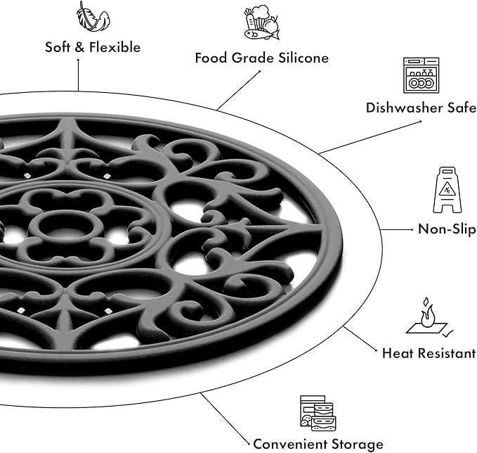 Boxiki Kitchen Silicone Trivet Mat | Trivets for Hot Dishes, Pads, Trivets, Microwave, Pot and Mexican Wall Decor (Black)