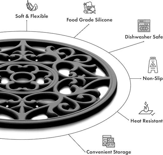 Boxiki Kitchen Silicone Trivet Mat | Trivets for Hot Dishes, Pads, Trivets, Microwave, Pot and Mexican Wall Decor (Black)