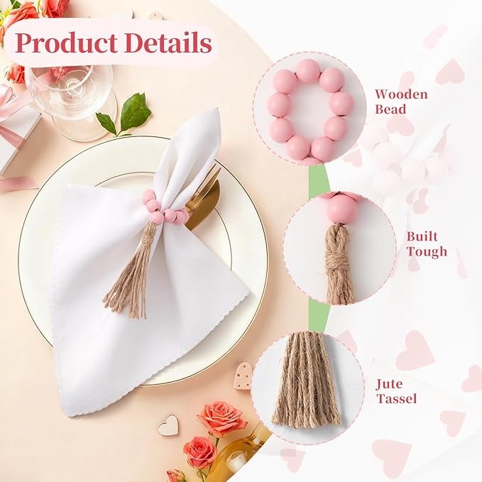 APTWOW Valentine Napkin Rings Set of 6, Pink Wooden Bead Napkin Rings for Table Decor, Valentine's Day Farmhouse Napkins Rings for Boho Table Decor, Spring Banquet, Wedding, Easter