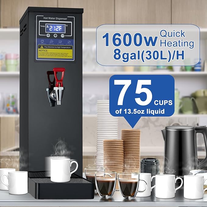 Commercial Hot Water Dispenser Commercial Water Boiler Electric Countertop Hot Water Machine Black 30L(8GAL)/Hour Step-heating Temperature Control 86-212°F for Boba Tea Coffee Office Restaurant 1600W