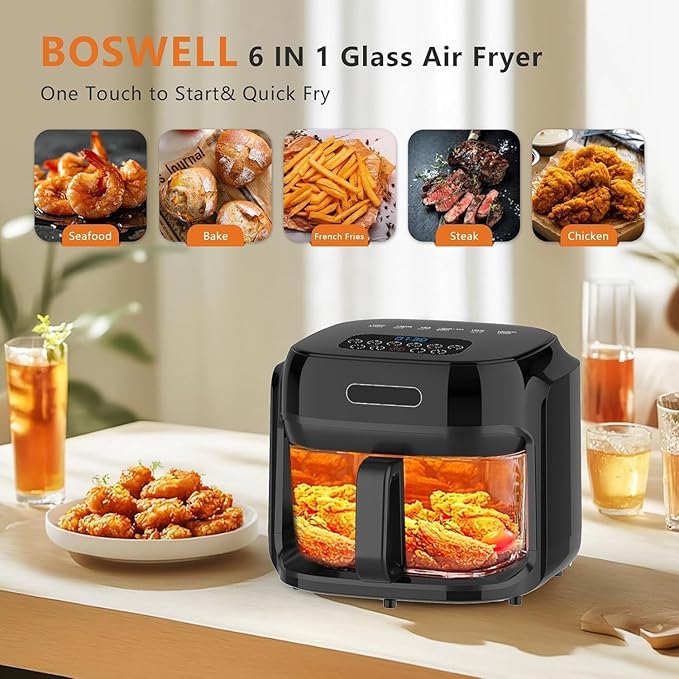 Glass Air Fryer, 7.8QT with Transparent Fry Bowl, Circulating Heating, Temperature Control, Air Fryer Roast, Dishwasher Safe (Black)