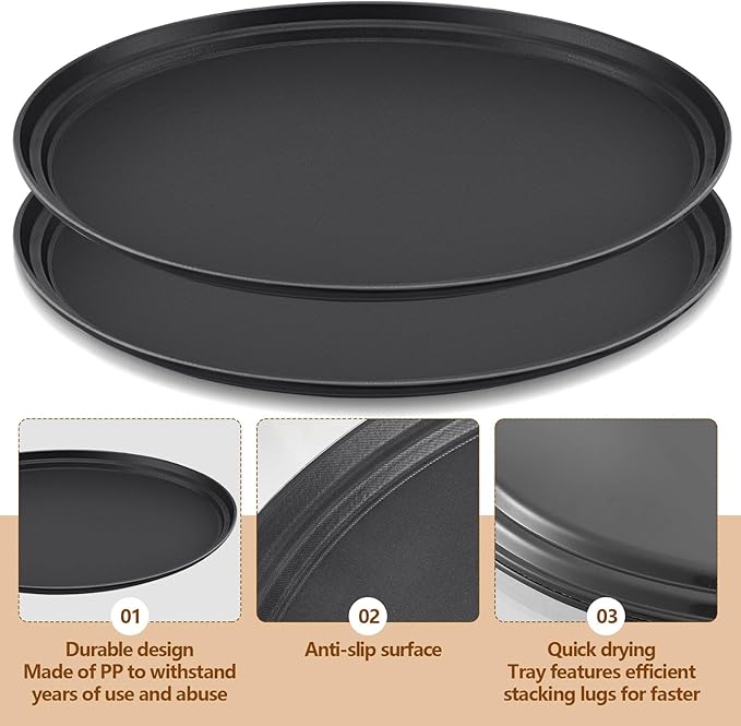 4 Pcs Restaurant Serving Trays PP Plastic Non Slip Rubber Lined Large Oval Tray for Kitchen Dining Room Cafeterias Fast Food Service (24 x 29 Inch,Black)