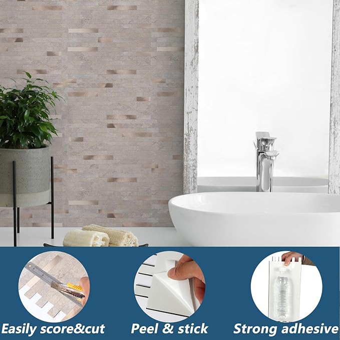 Yipscazo 2 Sheets PVC Wall Tiles Stick on Tiles for Backsplash Kitchen, Bathroom, Laundry Room, Camper, Fireplace (6'' X 12'', Stone)