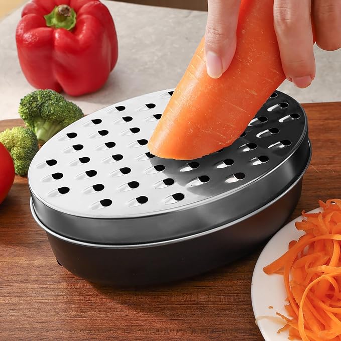 Stainless Steel Cheese Grater with Airtight Storage Container - Box Grater for Kitchen, Shredder for Parmesan, Cheddar, Vegetables, Chocolate, Nutmeg - Includes Lemon for Citrus, Ginger, Butter