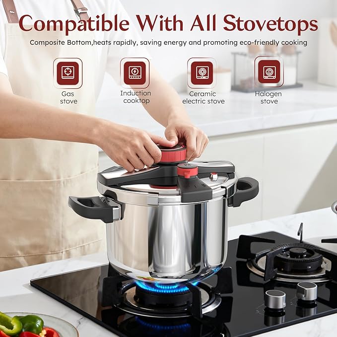 BreeRainz 3-In-1 Stainless Steel Pressure Cooker 8.45QT, 3-Stage PSI Settings, One-Hand Locking,Explosion-Proof Pot w/Extra Glass Lid, Timer, Steaming Rack(Induction Compatible Olla de Presion)