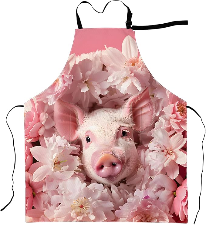 Floral Pig Apron Cute Piglet with Pink Blossoms Aprons Waterproof Oxford Polyester Adjustable Pockets Design for Cooking, Crafting, Garden Decor, Gifts for Nature Lovers, 28x33 Inch
