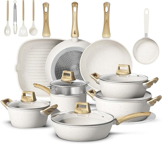 25 Pcs Pots and Pans Set Non Stick Ceramic Cookware Set, Healthy Non Toxic Kitchen Cookware with Mini Egg Pan, Large Capacity, Induction Compatible, PFAS/PTFE/PFOA/PFOS Free, Cream White