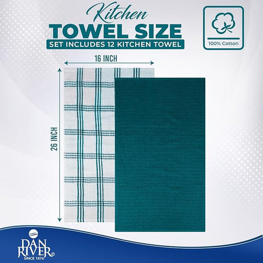 DAN RIVER Premium Kitchen Towels - [Pack of 12] 100% Cotton (16x 26 Inches) -Super Soft,Highly Absorbent, Quick Dry, Dish Towels for Kitchen Towels -Teal