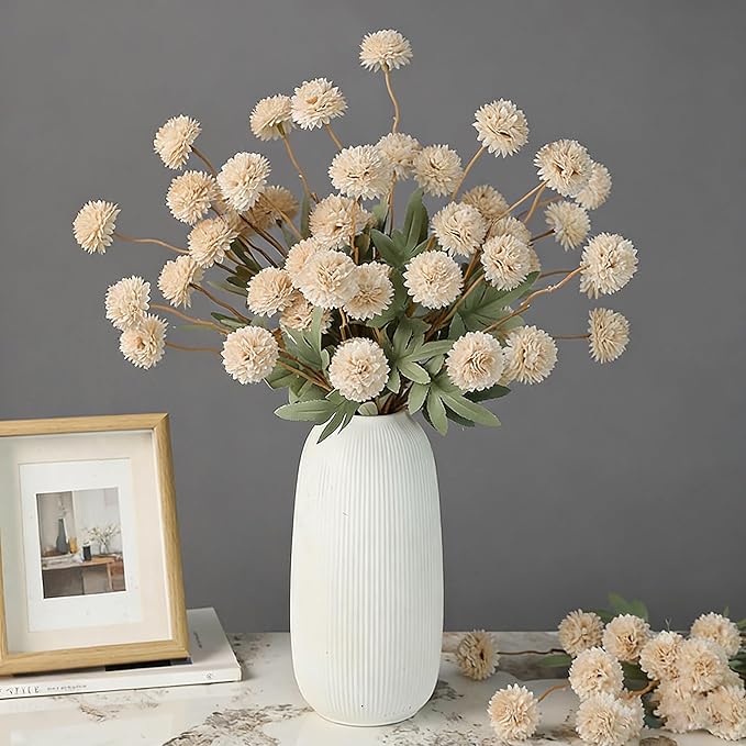 Beige Fake Flowers Long Stem 10PCS, Artificial Flowers Silk Mini Chrysanthemums for Vase, Fake Pompon Mums Vintage Dried Faux Decorative for Home Centerpieces Farmhouse