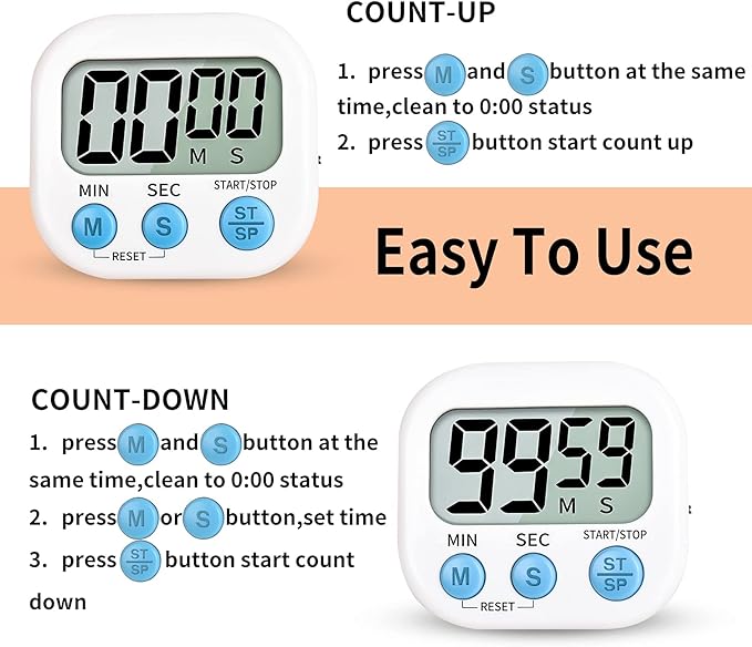 2-Pack Digital Kitchen Timer for Cooking, Multi-Function Electronic Timer, Big Digits Loud Alarm Strong Magnetic Backing, Classroom Timers for Teachers 2-Piece White