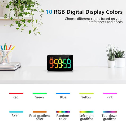 (2 Packs) Rechargeable Timers，Digital Kitchen Timer with 10 Dynamic RGB Color, Magnetic Classroom Timer with Countdown/up with 5”LED Display 3 Brightness 4 Volume Adjustable