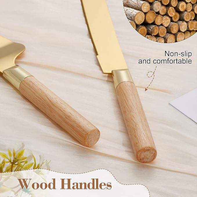 Gold Cake Cutting Set for Wedding, Wood Cake Knife and Server Set, Rustic 2-Piece Pie Cutter Serving Set, Serrated Dessert Utensils, Bridal Anniversary Quinceañera Gift (Oak color)