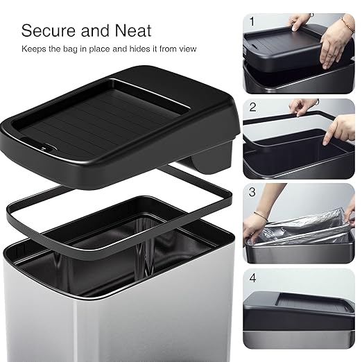 ELLO&ALLO 13 Gallon Automatic Touchless Motion Sensor Kitchen Trash Can with Roll Up Lid, Wheels, Brushed Stainless Steel Finish, Rectangular