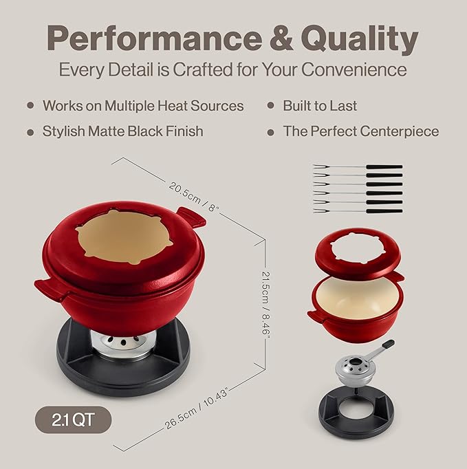 Swissmar Lucerne 10-Piece Cast Iron Fondue Set - Ideal for Melting Cheese, Chocolate, & More - Perfect for Kitchen Collection & Wedding Gift Giving - 2 Liter / 2 Quart - Red