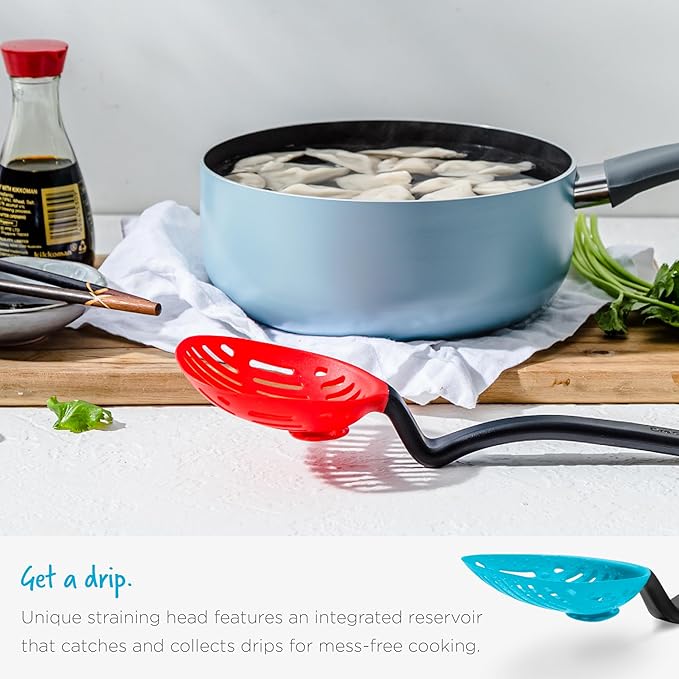 Dreamfarm Big Lestrain 2-in-1 Drip-Catching Sit-Up Slotted Cooking Spoon Scoop & Strainer - 13" Red