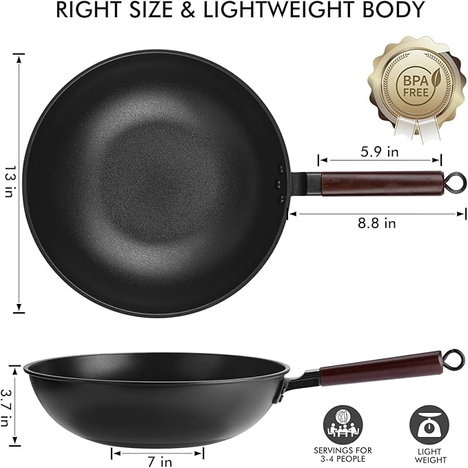 Teewe Carbon Steel Wok Pan - 13" Wok Pan with Lid, Woks & Stir-Fry Pans Nonstick with Spatula & Brush, Chinese Wok Flat Bottom Wok for Induction, Electric, Gas, All Stoves