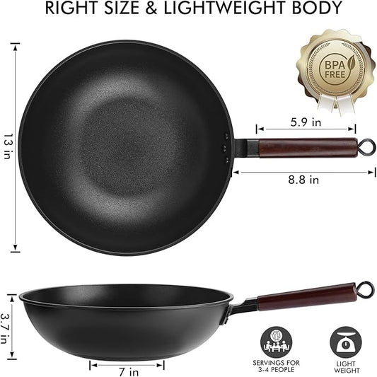 Teewe Carbon Steel Wok Pan - 13" Wok Pan with Lid, Woks & Stir-Fry Pans Nonstick with Spatula & Brush, Chinese Wok Flat Bottom Wok for Induction, Electric, Gas, All Stoves