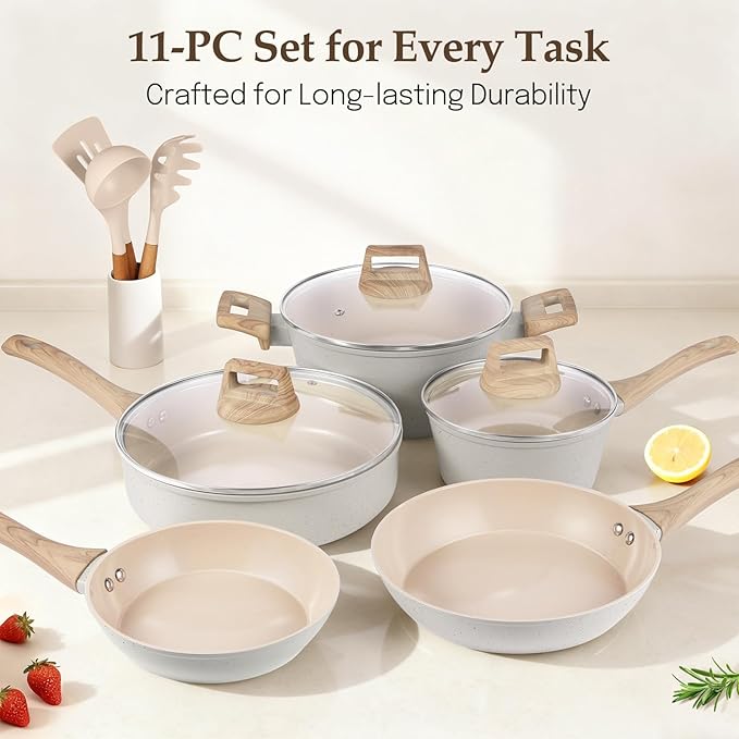 Pots and Pans Set Non Stick, Non-Toxic Ceramic Cookware Set, 11pcs Induction Cookware, Kitchen Cooking Set with Frying Pans, Saucepan, Stock Pot, PFOA Free & PFOS Free, Cream Color