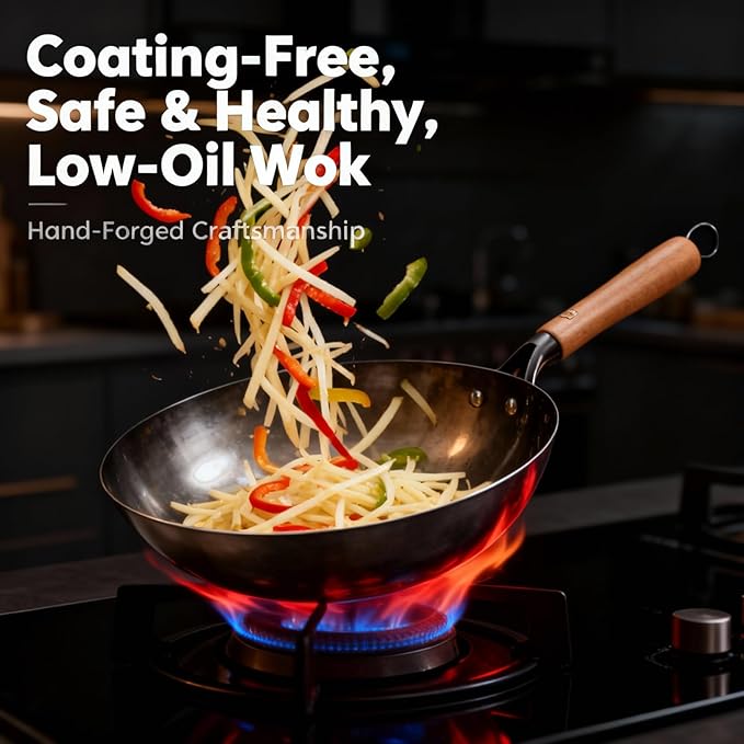 Calmabode 12 Inch Round Bottom Hand Hammered Carbon Steel Wok - Traditional Forged Stir Fry Pan, Fast Heat Conduction, No Hot Spots, Non-Toxic Uncoated for Gas Stove, Home & Professional Kitchen