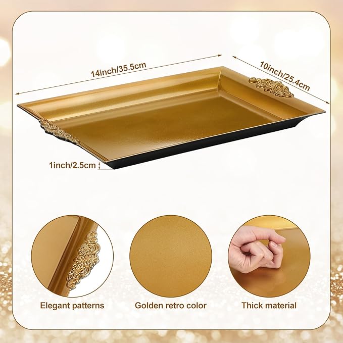4 Pcs Gold Tray 14" x 10" Rectangle Decorative Plastic Serving Trays with Embossed Rims for Party Anniversary Wedding Bridal Shower, Baby Shower, Birthday, Cake Dessert Display