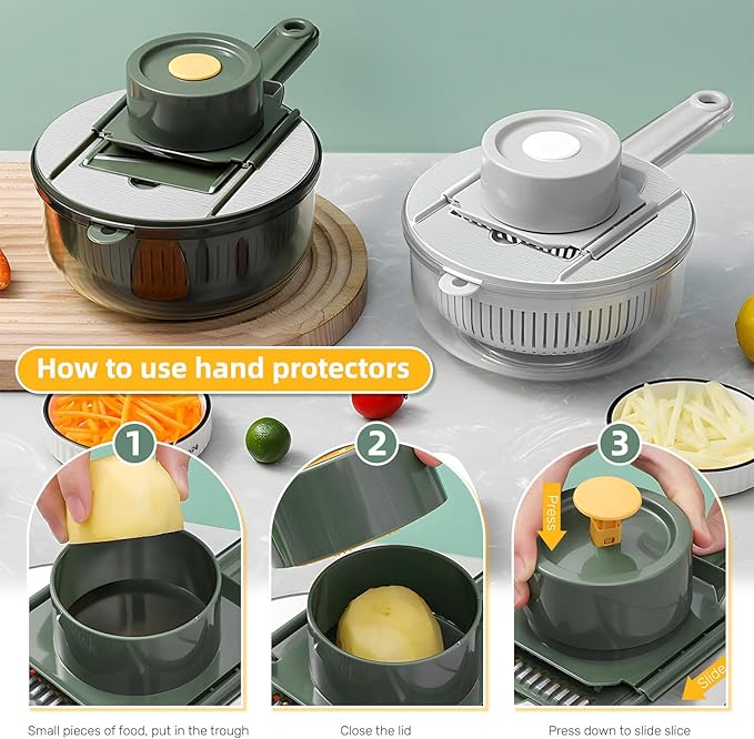Mandoline Slicer with Hand Protector, Interchangeable Blade Vegetable Slicer Mandoline, Cucumber Slicer with Colander for Potato, Tomato, Carrot (Green)