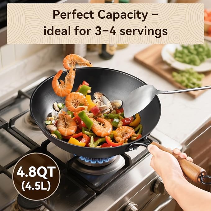 VIVIDCOOKWARE 12.6" Carbon Steel Wok, Spun Iron Stir Fry Wok with Wooden Handle, Flat Bottom Wok Pan with Reinforced Rim, Lightweight Woks & Stir-Fry Pans for Everyday Cooking