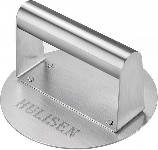 HULISEN Stainless Steel Burger Press, Burger Smasher for Griddle, 5.5 Inch Round Hamburger Grill Press for Flattening Hamburger Patty, Smashing Burger, Flat Top Grill Cooking Tool, Dishwasher Safe