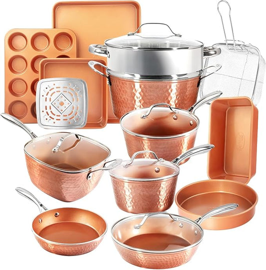 Gotham Steel Hammered 24 Pc Ceramic Cookware Set Nonstick, True Ceramic Pots and Pans Set Non Stick with Deep Square Pan Set & Bakeware Set, Non Toxic PFOA PFOS Free, Oven & Dishwasher Safe