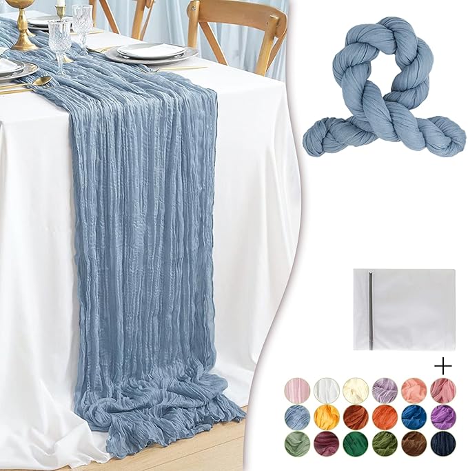 Dusty Blue Cheesecloth Table Runner 1 Pack 35" Boho Gauze Table Runner 120 inches Long Runner Rustic Sheer Fabric Bulk for Baby Shower Wedding Bridal Birthday Party Table Decorations