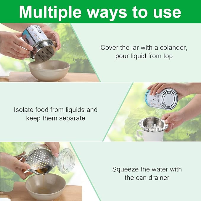 Patelai 2 Pieces Tuna Can Strainer Stainless Steel Food Strainer Sieve Metal Press Lid Canning Colander Oil Drainer Tuna Filter for Beans Vegetables