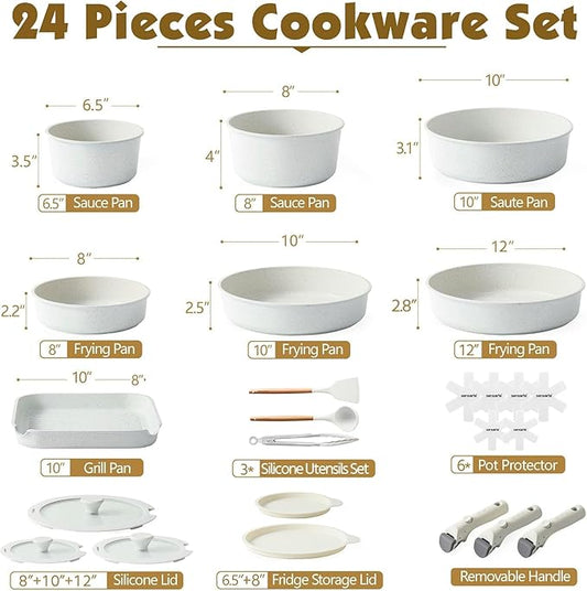 SENSARTE 24 Piece Pots and Pans Set, Nonstick Detachable Handle Cookware, Induction Kitchen Cookware Set with Removable Handle, Healthy Non Stick for RV, Dishwasher ＆ Oven Safe (White)